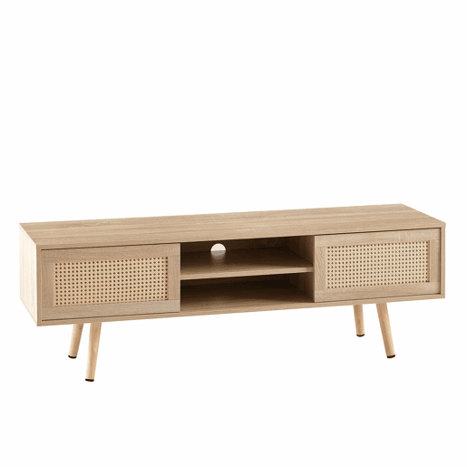 Móvel de TV de 140 cm - com portas duplas de correr, prateleiras ajustáveis e pés em madeira maciça - cor Natural Wood Móvel de TV de 140 cm - com portas duplas de correr, prateleiras ajustáveis e pés em madeira maciça - cor Natural Wood