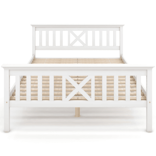 Cama de casal em madeira 140 x 200 cm u2013 com base incluída, cabeceira e estrutura em pinho maciço u2013 Branco Cama de casal em madeira 140 x 200 cm u2013 com base incluída, cabeceira e estrutura em pinho maciço u2013 Branco