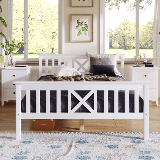 Cama de casal em madeira 140 x 200 cm u2013 com base incluída, cabeceira e estrutura em pinho maciço u2013 Branco Cama de casal em madeira 140 x 200 cm u2013 com base incluída, cabeceira e estrutura em pinho maciço u2013 Branco