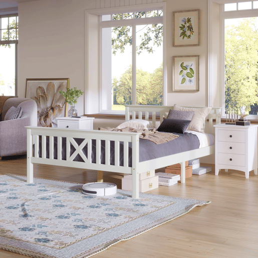 Cama de casal em madeira 140 x 200 cm u2013 com base incluída, cabeceira e estrutura em pinho maciço u2013 Branco Cama de casal em madeira 140 x 200 cm u2013 com base incluída, cabeceira e estrutura em pinho maciço u2013 Branco