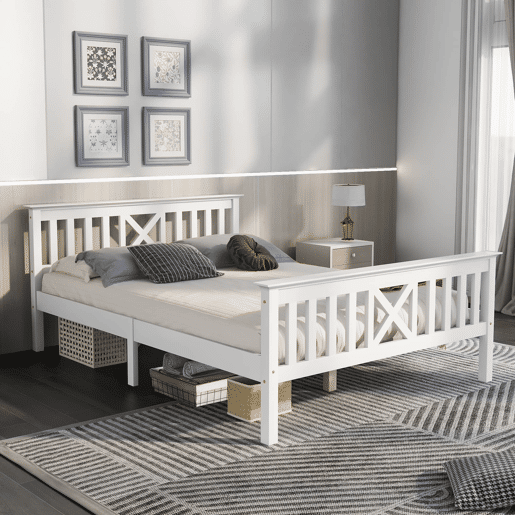 Cama de casal em madeira 140 x 200 cm u2013 com base incluída, cabeceira e estrutura em pinho maciço u2013 Branco Cama de casal em madeira 140 x 200 cm u2013 com base incluída, cabeceira e estrutura em pinho maciço u2013 Branco
