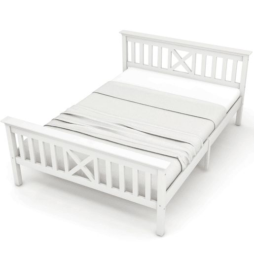 Cama de casal em madeira 140 x 200 cm u2013 com base incluída, cabeceira e estrutura em pinho maciço u2013 Branco Cama de casal em madeira 140 x 200 cm u2013 com base incluída, cabeceira e estrutura em pinho maciço u2013 Branco