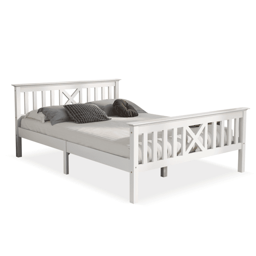 Cama de casal em madeira 140 x 200 cm u2013 com base incluída, cabeceira e estrutura em pinho maciço u2013 Branco Cama de casal em madeira 140 x 200 cm u2013 com base incluída, cabeceira e estrutura em pinho maciço u2013 Branco