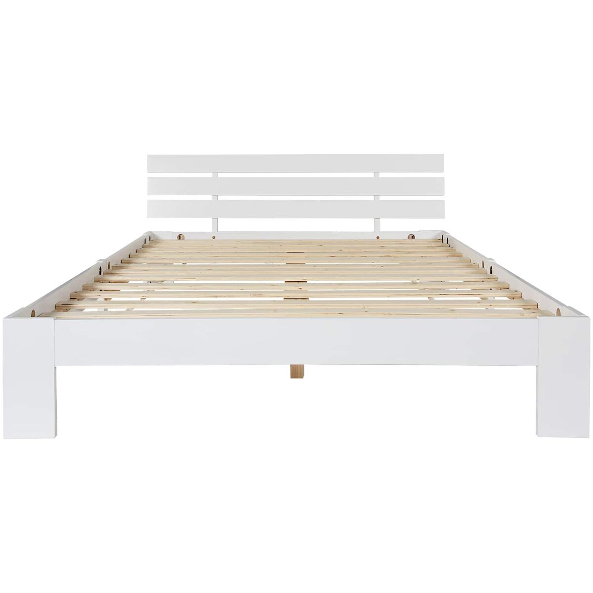 Cama doble de madera 140 x 200 cm - con cabecero y somier de láminas, madera maciza de pino - blanco