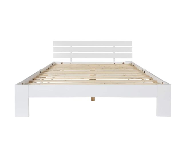 Cama doble de madera 140 x 200 cm - con cabecero y somier de láminas, madera maciza de pino - blanco