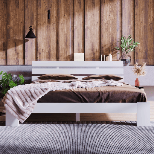 Cama de casal em madeira 140 x 200 cm u2014 com cabeceira e base de ripas, em madeira maciça de pinho u2014 Branca Cama de casal em madeira 140 x 200 cm u2014 com cabeceira e base de ripas, em madeira maciça de pinho u2014 Branca