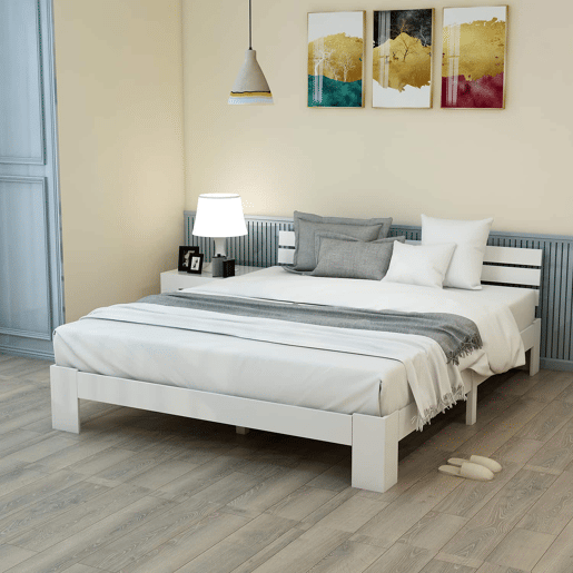 Cama de casal em madeira 140 x 200 cm u2014 com cabeceira e base de ripas, em madeira maciça de pinho u2014 Branca Cama de casal em madeira 140 x 200 cm u2014 com cabeceira e base de ripas, em madeira maciça de pinho u2014 Branca