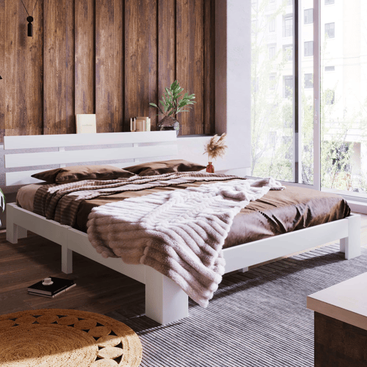 Cama de casal em madeira 140 x 200 cm u2014 com cabeceira e base de ripas, em madeira maciça de pinho u2014 Branca Cama de casal em madeira 140 x 200 cm u2014 com cabeceira e base de ripas, em madeira maciça de pinho u2014 Branca