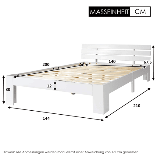 Cama de casal em madeira 140 x 200 cm u2014 com cabeceira e base de ripas, em madeira maciça de pinho u2014 Branca Cama de casal em madeira 140 x 200 cm u2014 com cabeceira e base de ripas, em madeira maciça de pinho u2014 Branca