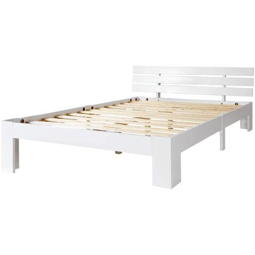 Cama de casal em madeira 140 x 200 cm u2014 com cabeceira e base de ripas, em madeira maciça de pinho u2014 Branca Cama de casal em madeira 140 x 200 cm u2014 com cabeceira e base de ripas, em madeira maciça de pinho u2014 Branca