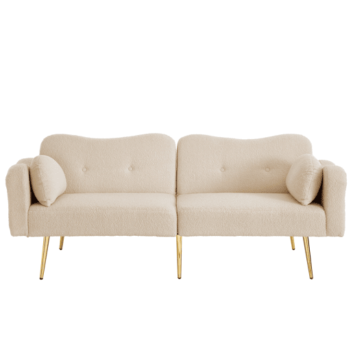 Sofá de 2 lugares - encosto ajustável, pés metálicos dourados, função cama 2 em 1 - Bege+Natural Sofá de 2 lugares - encosto ajustável, pés metálicos dourados, função cama 2 em 1 - Bege+Natural