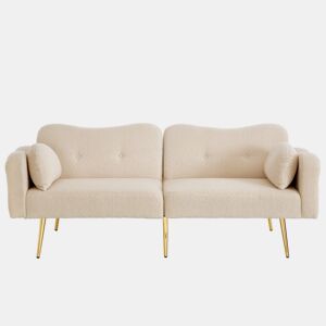 Sofá de 2 lugares - encosto ajustável, pés metálicos dourados, função cama 2 em 1 - Bege+Natural