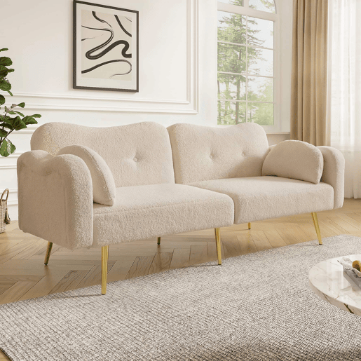 Sofá de 2 lugares - encosto ajustável, pés metálicos dourados, função cama 2 em 1 - Bege+Natural Sofá de 2 lugares - encosto ajustável, pés metálicos dourados, função cama 2 em 1 - Bege+Natural