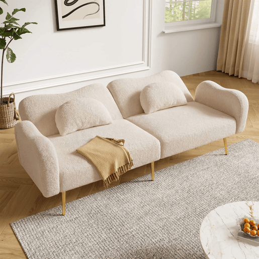 Sofá de 2 lugares - encosto ajustável, pés metálicos dourados, função cama 2 em 1 - Bege+Natural Sofá de 2 lugares - encosto ajustável, pés metálicos dourados, função cama 2 em 1 - Bege+Natural