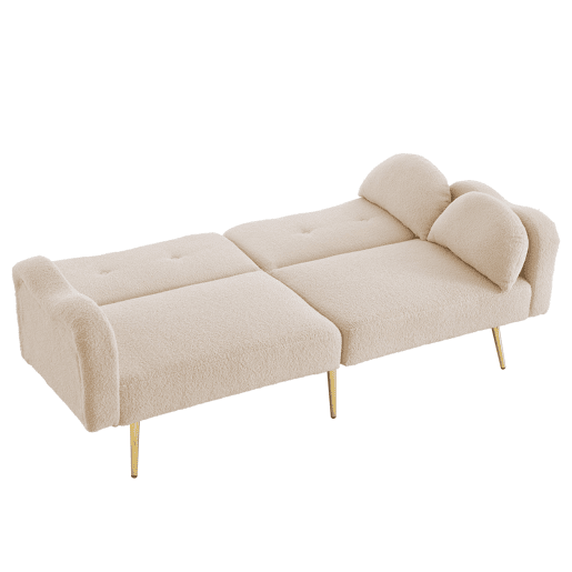 Sofá de 2 lugares - encosto ajustável, pés metálicos dourados, função cama 2 em 1 - Bege+Natural Sofá de 2 lugares - encosto ajustável, pés metálicos dourados, função cama 2 em 1 - Bege+Natural