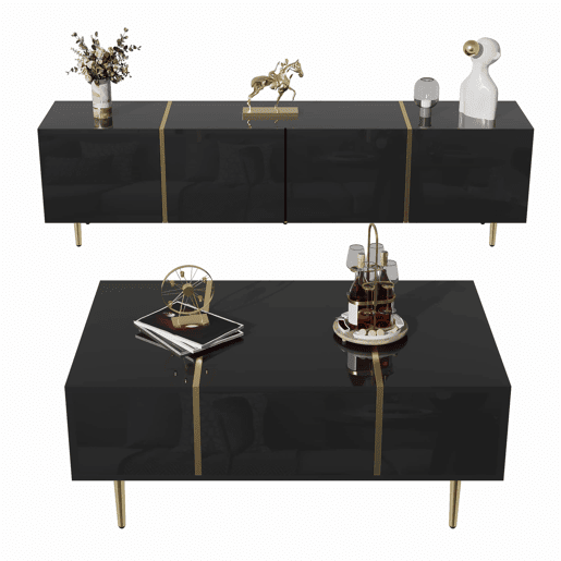Conjunto de móvel de TV e mesa de centro - acabamento moderno de alto brilho - Preto