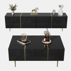 Conjunto de móvel de TV e mesa de centro - acabamento moderno de alto brilho - Preto