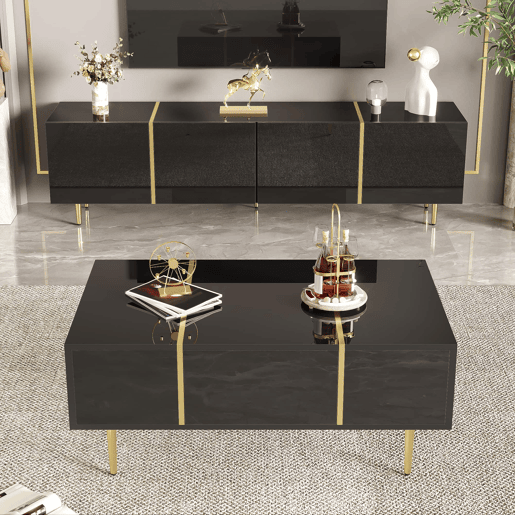 Conjunto de móvel de TV e mesa de centro - acabamento moderno de alto brilho - Preto