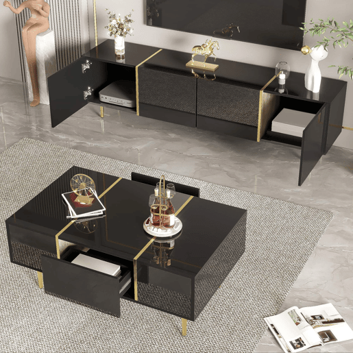 Conjunto de móvel de TV e mesa de centro - acabamento moderno de alto brilho - Preto