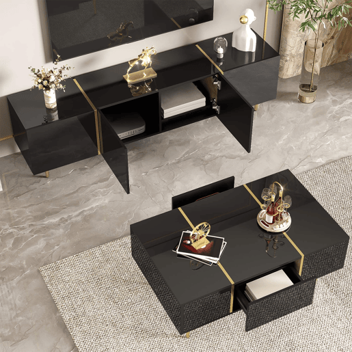 Conjunto de móvel de TV e mesa de centro - acabamento moderno de alto brilho - Preto