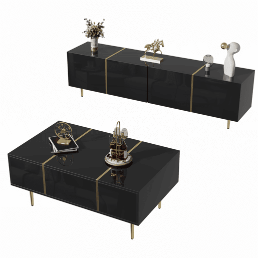 Conjunto de móvel de TV e mesa de centro - acabamento moderno de alto brilho - Preto