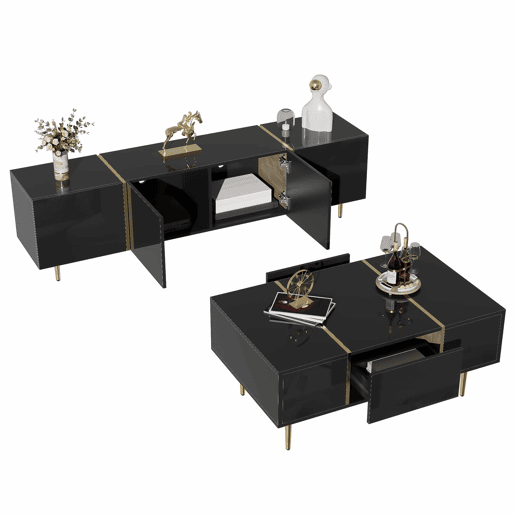 Conjunto de móvel de TV e mesa de centro - acabamento moderno de alto brilho - Preto