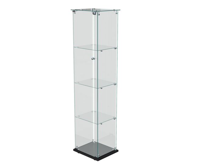 Vitrina de cuatro niveles con puerta de cristal templado y tira de led, mueble expositor moderno, color negro.