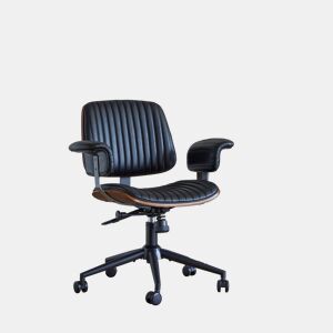 Cadeira de escritório 73 × 59 × 87 cm - ergonómica em pele com rodas, apoios de braços em carvalho, altura ajustável e rotação de 360° - Preta