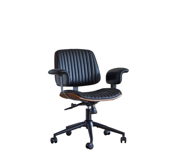 Silla de oficina 73 × 59 × 87 cm - ergonómica de cuero con ruedas, reposabrazos de roble, altura regulable y giro 360° - negro