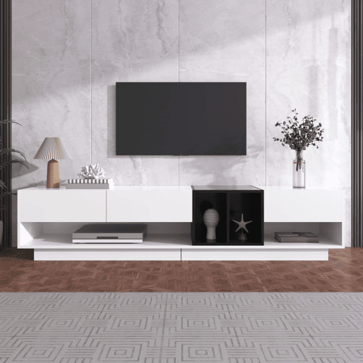 Móvel de TV baixo u2013 acabamento brilhante, gavetas, prateleiras e muito espaço de arrumação u2013 Preto e branco