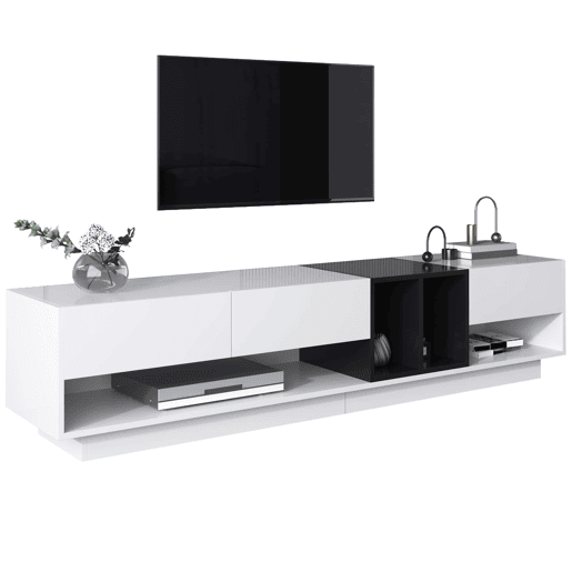 Móvel de TV baixo u2013 acabamento brilhante, gavetas, prateleiras e muito espaço de arrumação u2013 Preto e branco