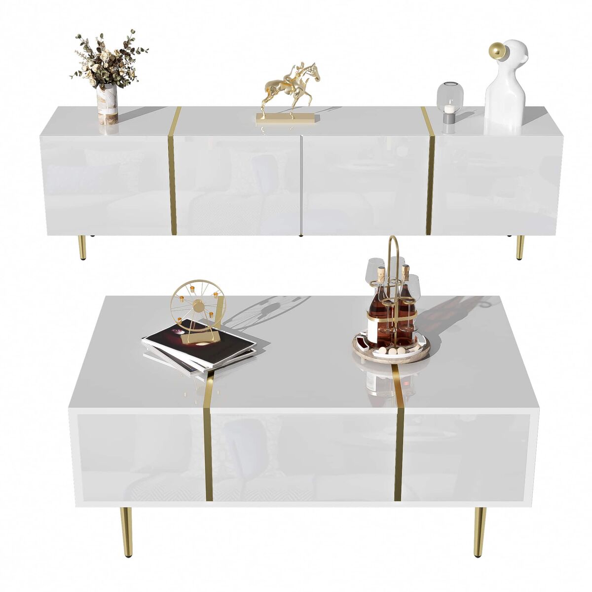 conjunto de mueble tv y mesa de centro - diseno moderno de alto brillo - blanco