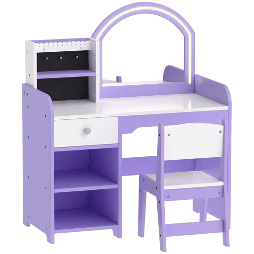 AIYAPLAY Penteadeira Infantil para Menina com Espelho LED de 2 Cores, Banco, Suportes para Joias, Gaveta e Compartimentos, Roxo, 3-8 Anos AIYAPLAY Penteadeira Infantil para Menina com Espelho LED de 2 Cores, Banco, Suportes para Joias, Gaveta e Compartimentos, Roxo, 3-8 Anos