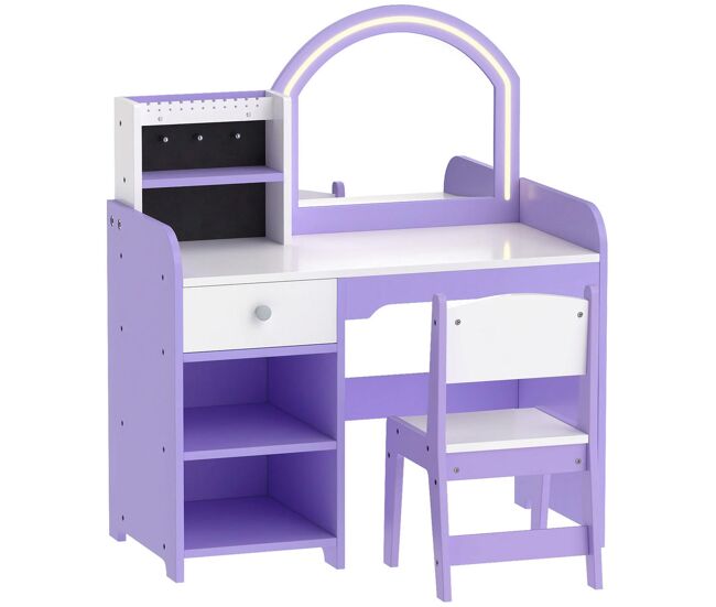 Aiyaplay tocador de maquillaje niña con espejo de led de 2 colores, taburete, 2 soportes para joyas, cajón, 2 compartimentos, tocador infantil para niños de 3-8 años, para habitación infantil, morado