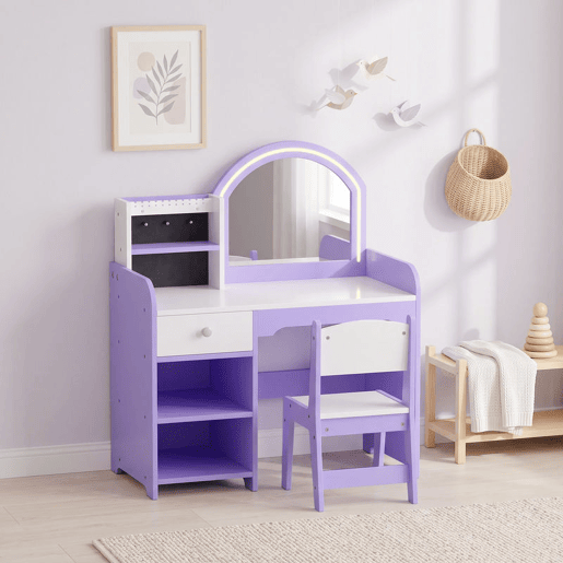AIYAPLAY Penteadeira Infantil para Menina com Espelho LED de 2 Cores, Banco, Suportes para Joias, Gaveta e Compartimentos, Roxo, 3-8 Anos AIYAPLAY Penteadeira Infantil para Menina com Espelho LED de 2 Cores, Banco, Suportes para Joias, Gaveta e Compartimentos, Roxo, 3-8 Anos