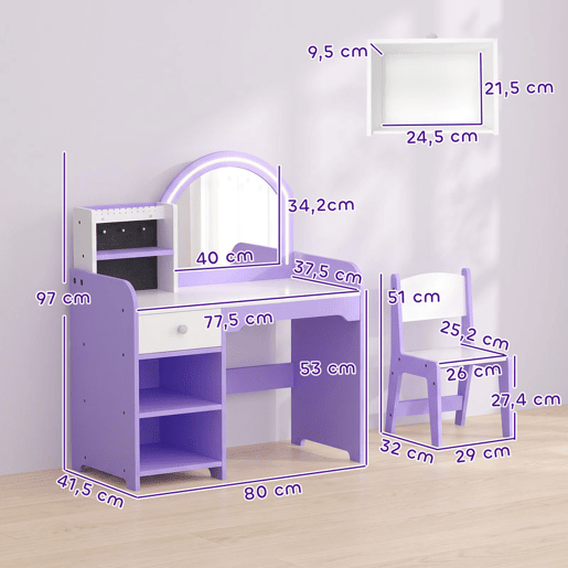 AIYAPLAY Penteadeira Infantil para Menina com Espelho LED de 2 Cores, Banco, Suportes para Joias, Gaveta e Compartimentos, Roxo, 3-8 Anos AIYAPLAY Penteadeira Infantil para Menina com Espelho LED de 2 Cores, Banco, Suportes para Joias, Gaveta e Compartimentos, Roxo, 3-8 Anos