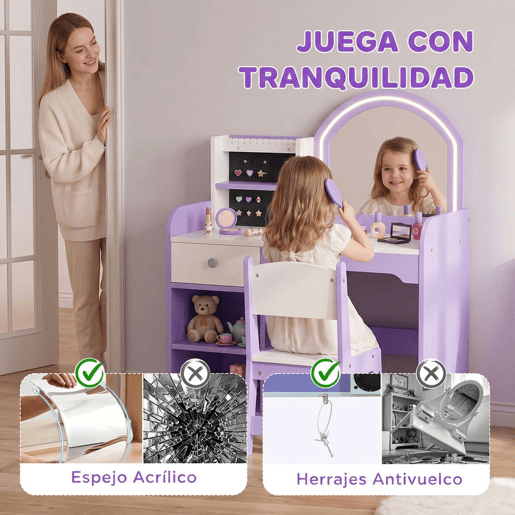 AIYAPLAY Penteadeira Infantil para Menina com Espelho LED de 2 Cores, Banco, Suportes para Joias, Gaveta e Compartimentos, Roxo, 3-8 Anos AIYAPLAY Penteadeira Infantil para Menina com Espelho LED de 2 Cores, Banco, Suportes para Joias, Gaveta e Compartimentos, Roxo, 3-8 Anos
