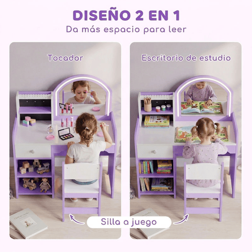 AIYAPLAY Penteadeira Infantil para Menina com Espelho LED de 2 Cores, Banco, Suportes para Joias, Gaveta e Compartimentos, Roxo, 3-8 Anos AIYAPLAY Penteadeira Infantil para Menina com Espelho LED de 2 Cores, Banco, Suportes para Joias, Gaveta e Compartimentos, Roxo, 3-8 Anos