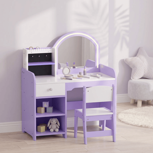 AIYAPLAY Penteadeira Infantil para Menina com Espelho LED de 2 Cores, Banco, Suportes para Joias, Gaveta e Compartimentos, Roxo, 3-8 Anos AIYAPLAY Penteadeira Infantil para Menina com Espelho LED de 2 Cores, Banco, Suportes para Joias, Gaveta e Compartimentos, Roxo, 3-8 Anos