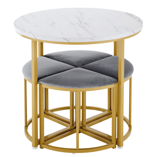 Conjunto de sala de jantar de 5 peças u2013 mesa em MDF e 4 cadeiras em veludo com estrutura em ferro dourado u2013 Cinzento Conjunto de sala de jantar de 5 peças u2013 mesa em MDF e 4 cadeiras em veludo com estrutura em ferro dourado u2013 Cinzento