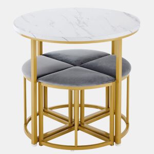 Conjunto de sala de jantar de 5 peças u2013 mesa em MDF e 4 cadeiras em veludo com estrutura em ferro dourado u2013 Cinzento