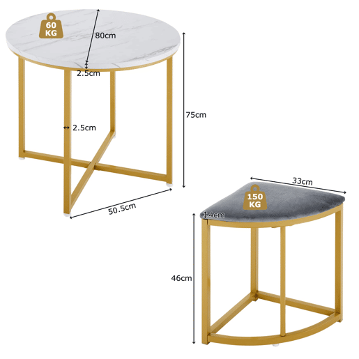 Conjunto de sala de jantar de 5 peças u2013 mesa em MDF e 4 cadeiras em veludo com estrutura em ferro dourado u2013 Cinzento Conjunto de sala de jantar de 5 peças u2013 mesa em MDF e 4 cadeiras em veludo com estrutura em ferro dourado u2013 Cinzento