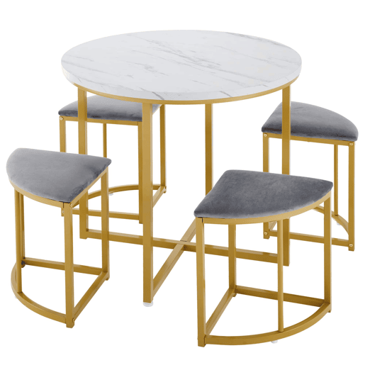 Conjunto de sala de jantar de 5 peças u2013 mesa em MDF e 4 cadeiras em veludo com estrutura em ferro dourado u2013 Cinzento Conjunto de sala de jantar de 5 peças u2013 mesa em MDF e 4 cadeiras em veludo com estrutura em ferro dourado u2013 Cinzento