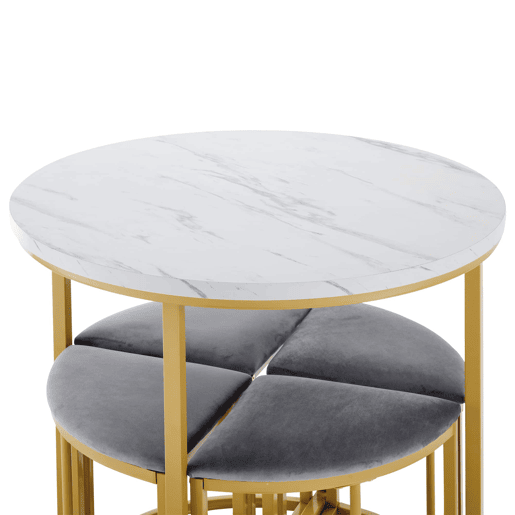 Conjunto de sala de jantar de 5 peças u2013 mesa em MDF e 4 cadeiras em veludo com estrutura em ferro dourado u2013 Cinzento Conjunto de sala de jantar de 5 peças u2013 mesa em MDF e 4 cadeiras em veludo com estrutura em ferro dourado u2013 Cinzento