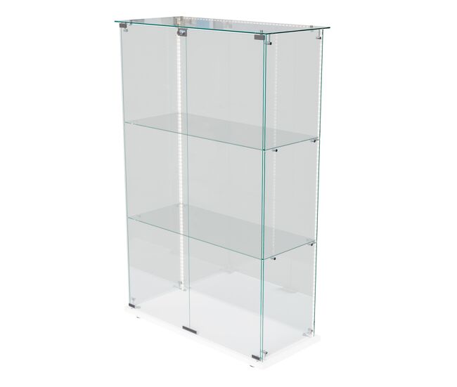Vitrina de cristal templado de 3 niveles y doble puerta con tira led, moderna unidad de exhibición panorámica, color blanco.