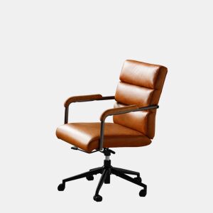 Cadeira de escritório - ergonómica, em pele, com rodas, apoios de braços em carvalho, altura ajustável e giratória - Castanha