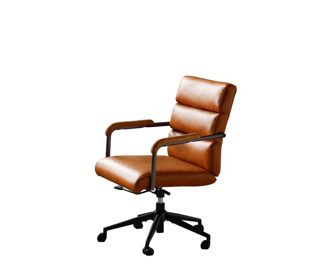 Silla de oficina - ergonómica de cuero con ruedas, reposabrazos de roble, altura ajustable y giratoria - marrón