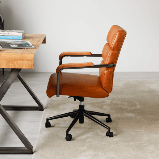 Cadeira de escritório - ergonómica, em pele, com rodas, apoios de braços em carvalho, altura ajustável e giratória - Castanha Cadeira de escritório - ergonómica, em pele, com rodas, apoios de braços em carvalho, altura ajustável e giratória - Castanha
