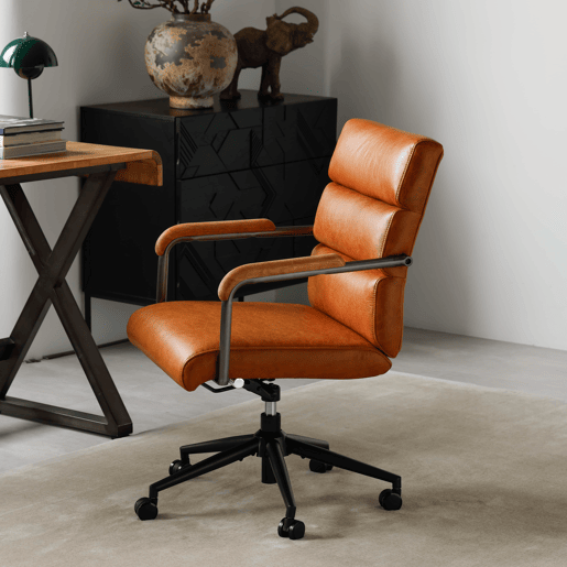 Cadeira de escritório - ergonómica, em pele, com rodas, apoios de braços em carvalho, altura ajustável e giratória - Castanha Cadeira de escritório - ergonómica, em pele, com rodas, apoios de braços em carvalho, altura ajustável e giratória - Castanha
