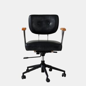 Cadeira de escritório ergonómica em pele - com rodas, apoios de braços em carvalho, altura ajustável e rotação de 360° - Preto